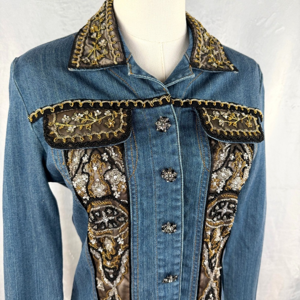 VTG 90s Berek2 Beaded Denim Jacket Flare Sleeve Art Girl Maximalist Boho Glam PS